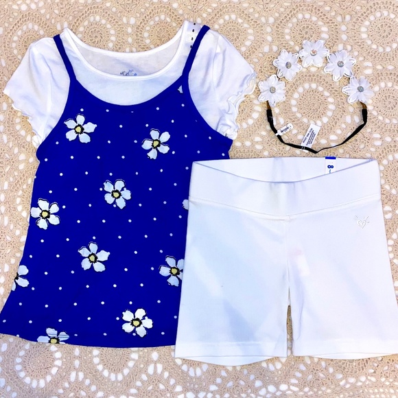 EASTER! Justice Girls Sz 8 Blue Tee & Tank Combo, Bike Shorts & Headband - Picture 1 of 7